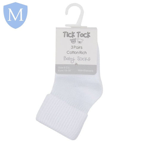 Baby 3 Pack Plain White Turn Over Socks (44B267) (Baby Socks) Tick Tock