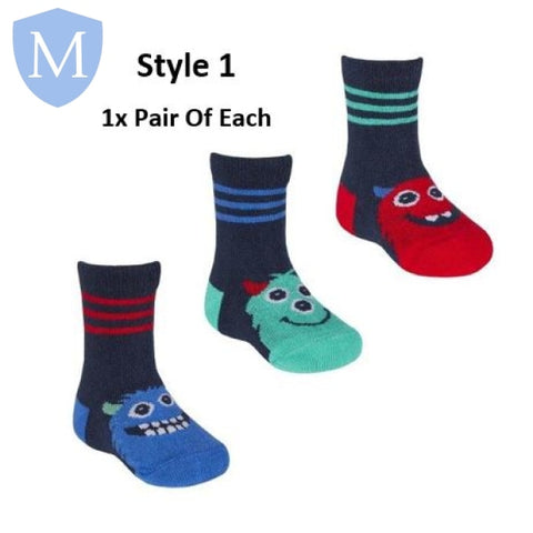 Boys 3-Pack Cotton Rich Ankle Socks - Monster (44B863) (Baby Socks) Tick Tock