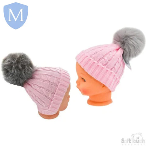 Cable Knit Hat With Grey Fur Pom-Pom (H488) (Baby Hats) Mansuri