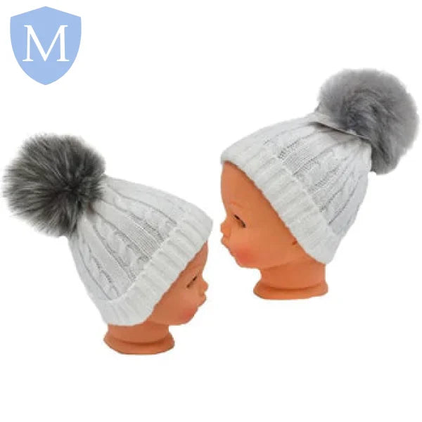 Cable Knit Hat With Grey Fur Pom-Pom (H488) (Baby Hats) Mansuri