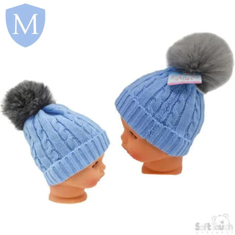 Cable Knit Hat With Grey Fur Pom-Pom (H488) (Baby Hats) Mansuri