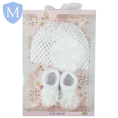 Girls White Sock & Hat Set - Flower (K11235) (Baby Hat) (Baby Bootees) Mansuri