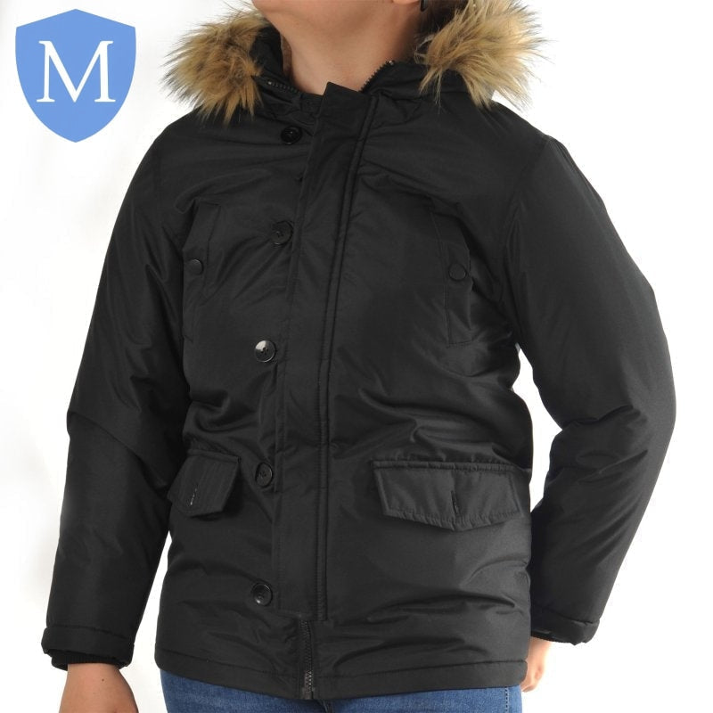 Plain Boys Faux Fur "Parka" Style Coat With Plain Interior Hood - Black Mansuri