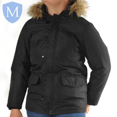 Plain Boys Faux Fur "Parka" Style Coat With Soft Interior Padded Hood - Black Mansuri
