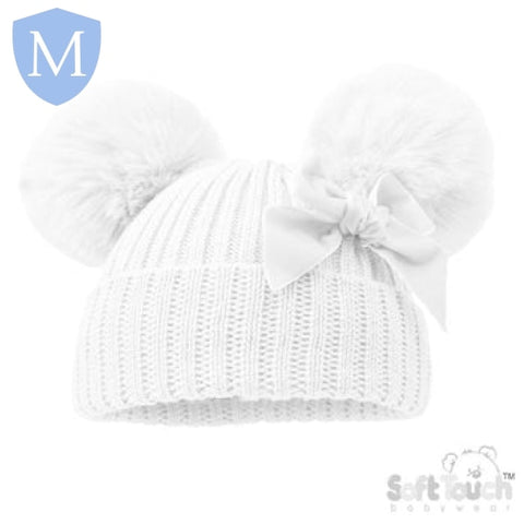 Ribbed Hat With Velvet Bow & Pom Poms (H678) (Baby Hats) Mansuri