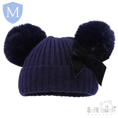 Ribbed Hat With Velvet Bow & Pom Poms (H678) (Baby Hats) Mansuri