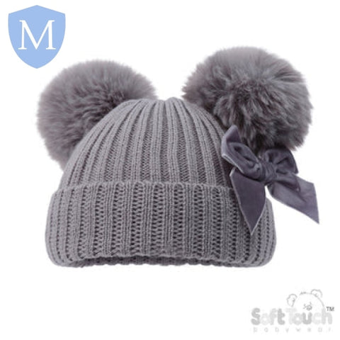 Ribbed Hat With Velvet Bow & Pom Poms (H678) (Baby Hats) Mansuri