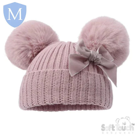 Ribbed Hat With Velvet Bow & Pom Poms (H678) (Baby Hats) Mansuri