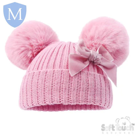 Ribbed Hat With Velvet Bow & Pom Poms (H678) (Baby Hats) Mansuri