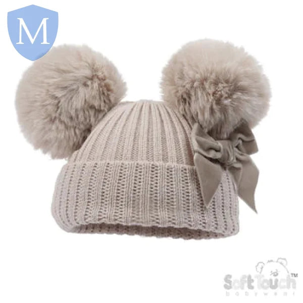 Ribbed Hat With Velvet Bow & Pom Poms (H678) (Baby Hats) Mansuri