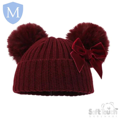 Ribbed Hat With Velvet Bow & Pom Poms (H678) (Baby Hats) Mansuri