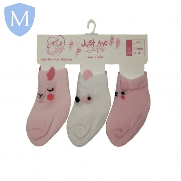 Triple Pack Girls Socks - Animals Pink/White (24JTC8962) (Baby Socks) Just Too Cute